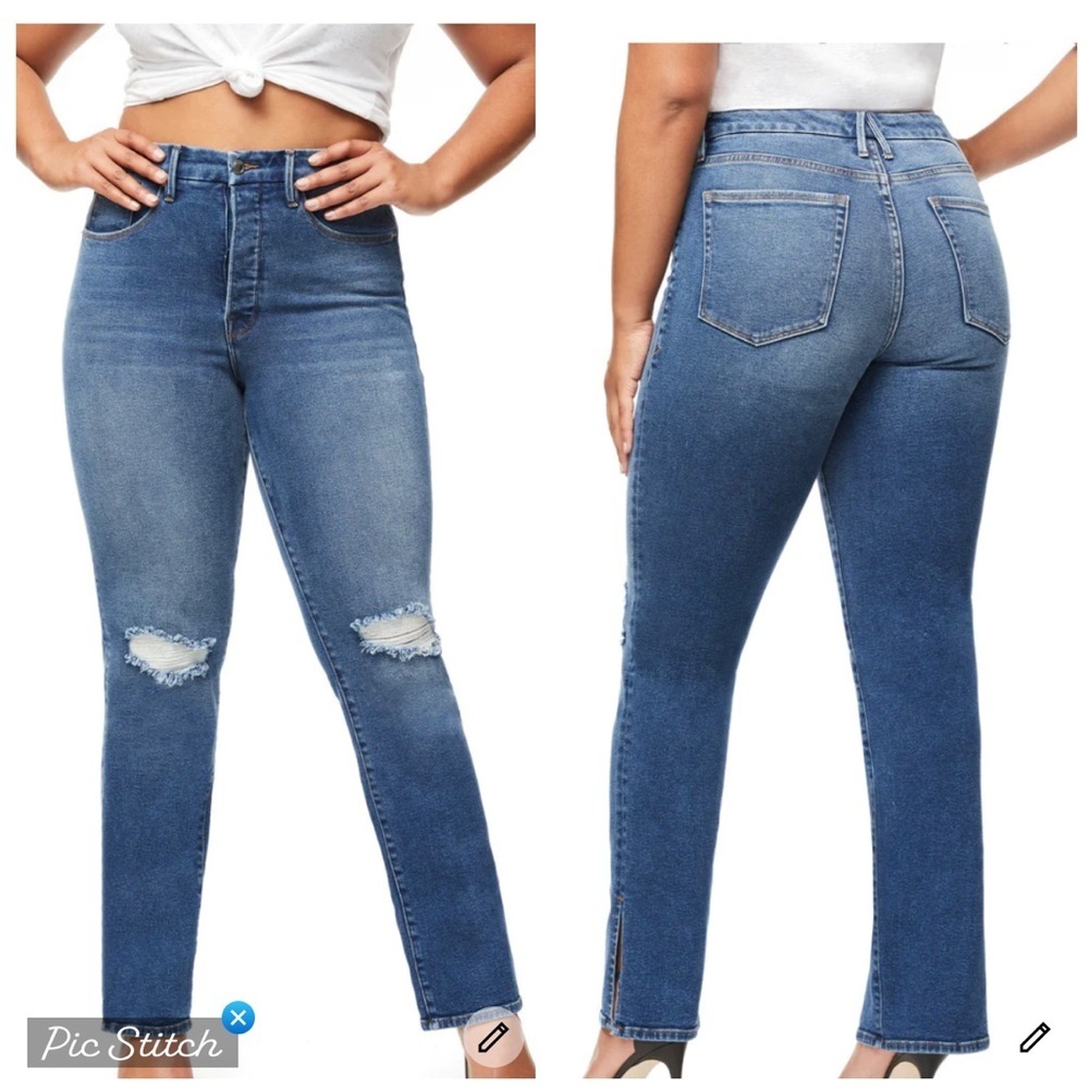 Good American Mid Blue High-Rise Distressed Ankle Jeans